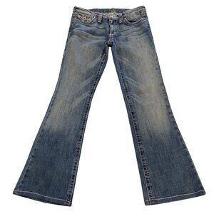 Plastic By GLY Womens Flare Leg Blue Denim Jeans W/ Embroidered Pockets Size 13